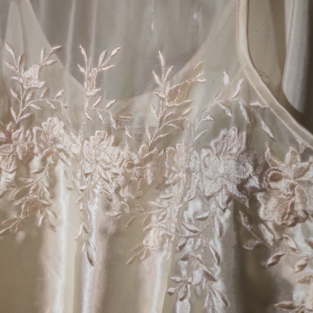 Vintage Dentelle Long Off White Embroidered Floral Slip Nightgown - Thumbnail 9