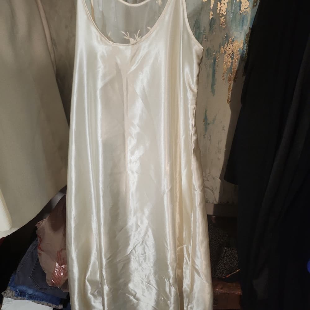 Vintage Dentelle Long Off White Embroidered Floral Slip Nightgown - Thumbnail 12