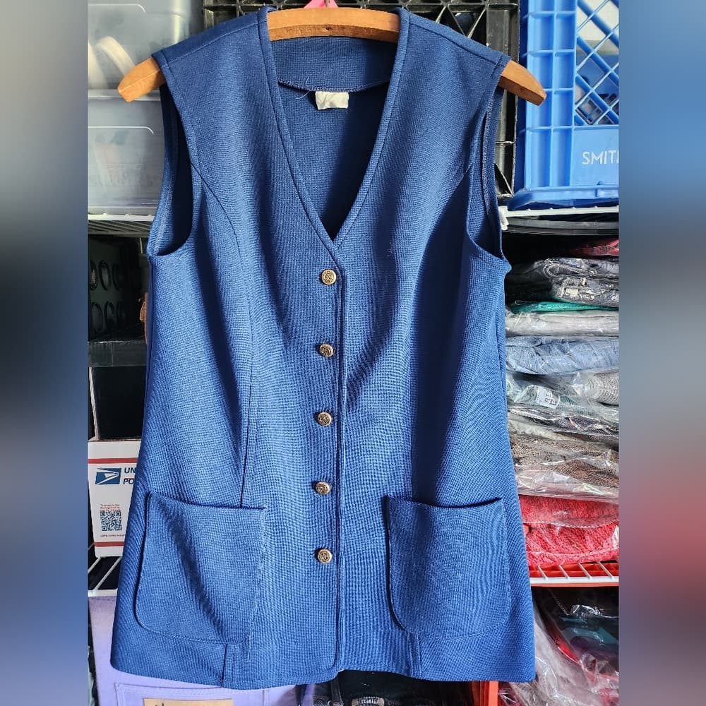 Vintage Mod 60s Blue Tailored Button Down Sleeveless Vest with Pockets s/m - Thumbnail 4