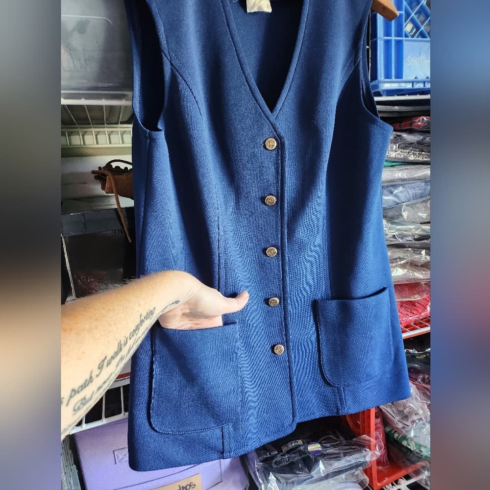 Vintage Mod 60s Blue Tailored Button Down Sleeveless Vest with Pockets s/m - Thumbnail 5