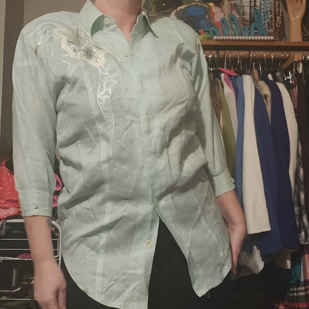 Vintage Anne French Light Turquiose Textured Abstract Blouse - Thumbnail 10