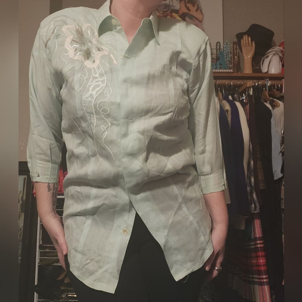 Vintage Anne French Light Turquiose Textured Abstract Blouse - Thumbnail 9