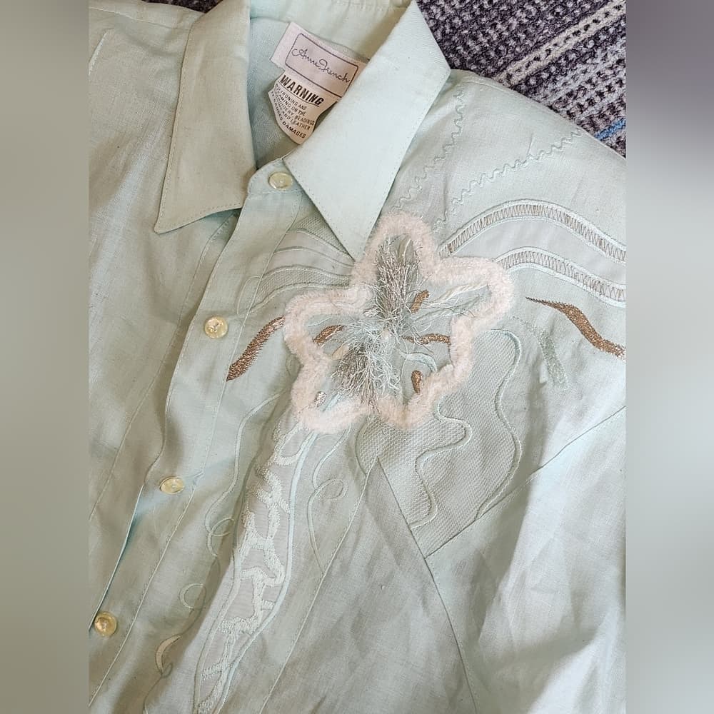 Vintage Anne French Light Turquiose Textured Abstract Blouse - Thumbnail 2