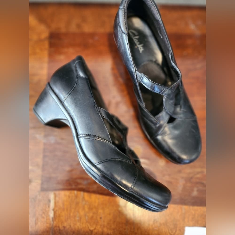 Clarks Black Leather Mary Jane Block Heel Slip On - Thumbnail 9