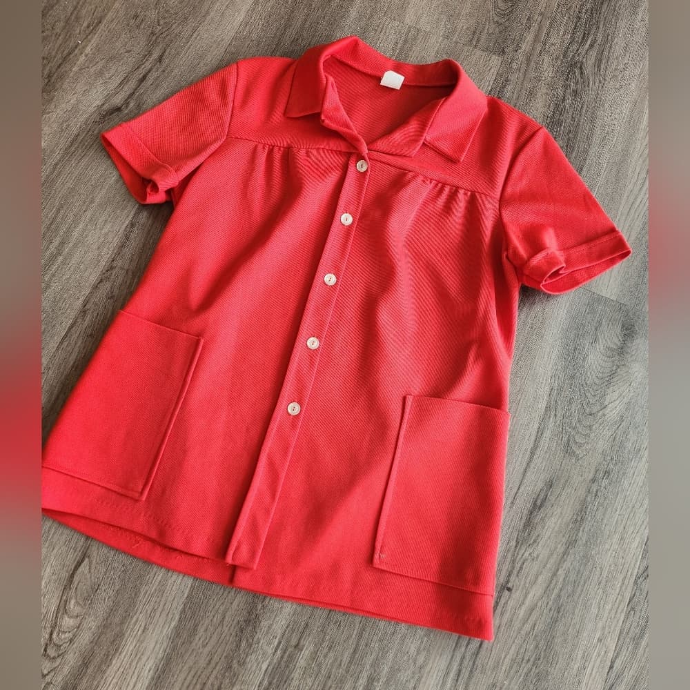 Vintage 60's Mod Red Button Up Collard Pleated Polyester Top with Pockets