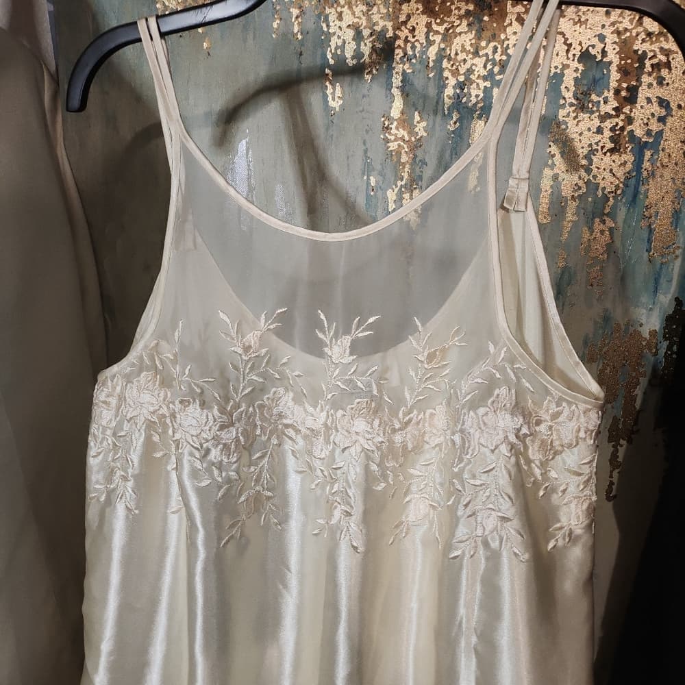 Vintage Dentelle Long Off White Embroidered Floral Slip Nightgown - Thumbnail 8