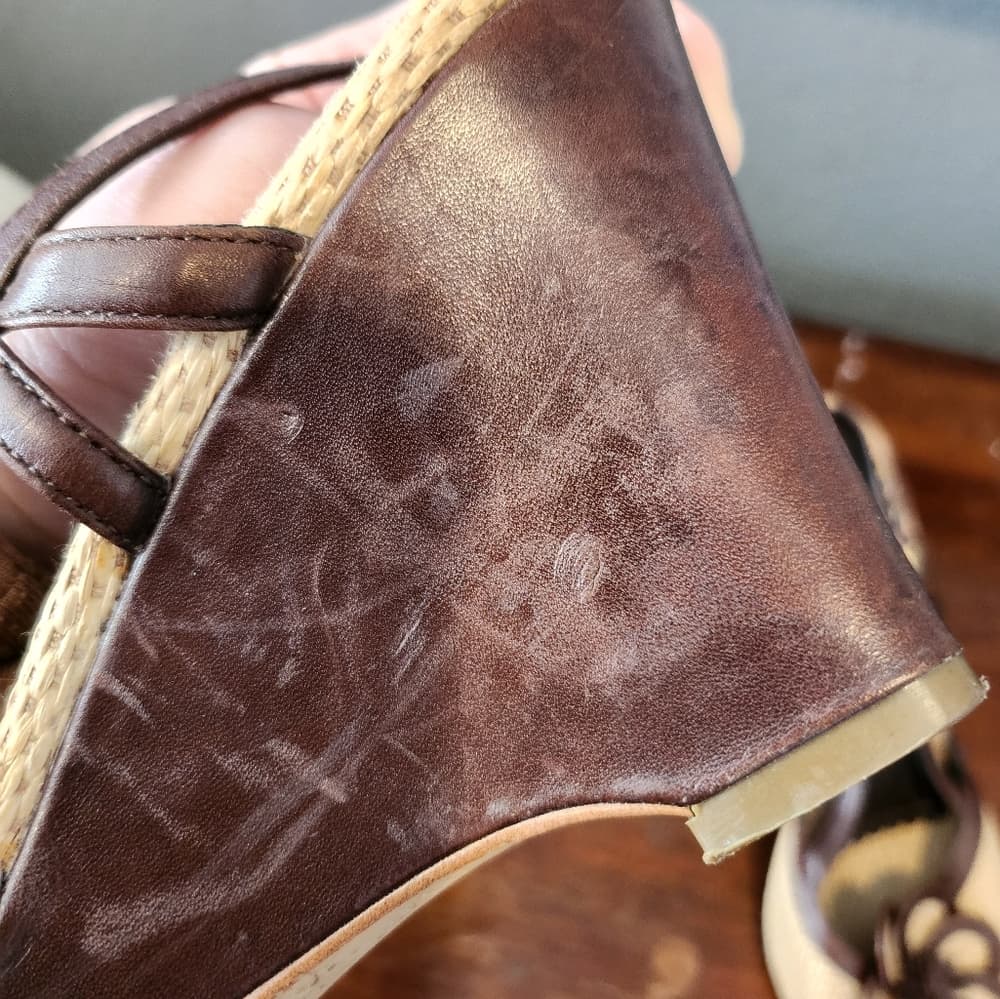 Franco Sarto Brown and Tan Leather and Canvas Slingback Floral Wedge Heels - Thumbnail 5
