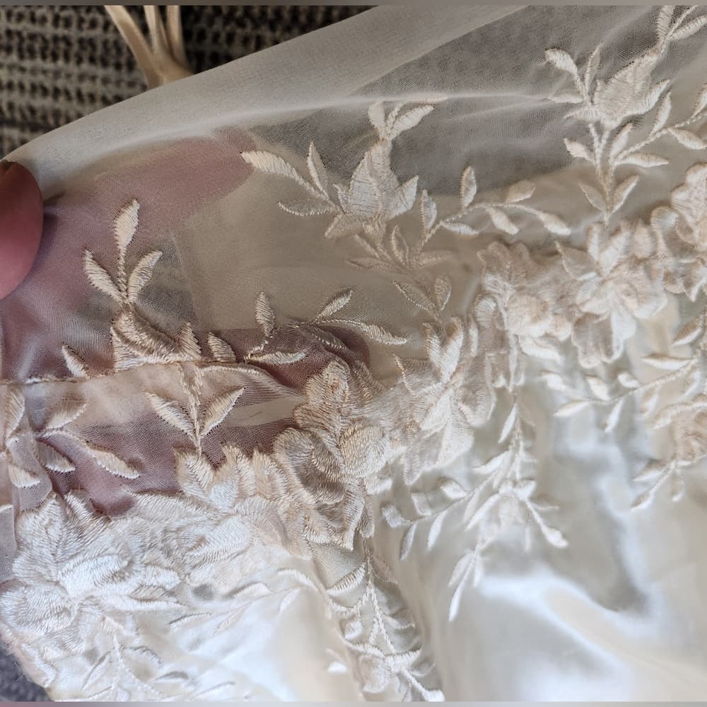 Vintage Dentelle Long Off White Embroidered Floral Slip Nightgown - Thumbnail 6
