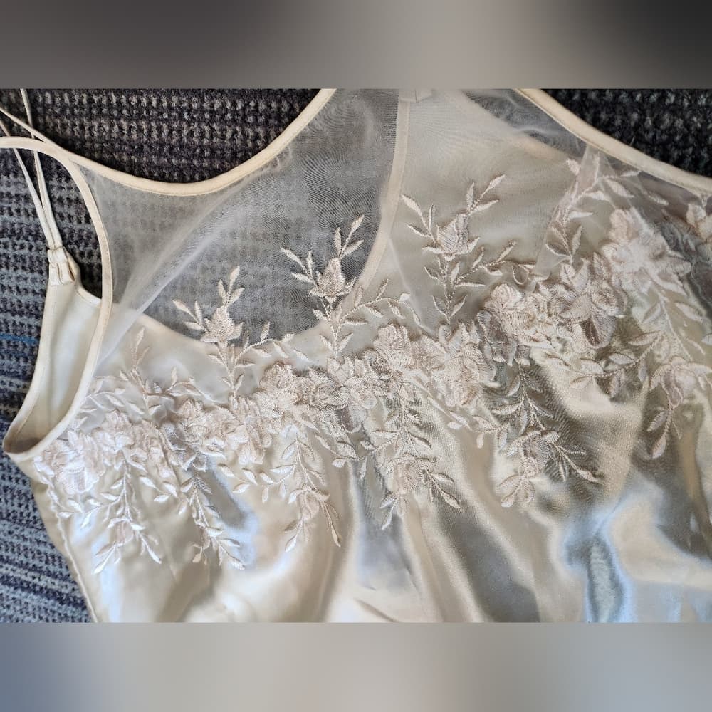 Vintage Dentelle Long Off White Embroidered Floral Slip Nightgown - Thumbnail 2