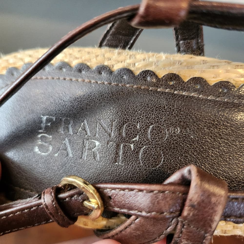 Franco Sarto Brown and Tan Leather and Canvas Slingback Floral Wedge Heels - Thumbnail 4