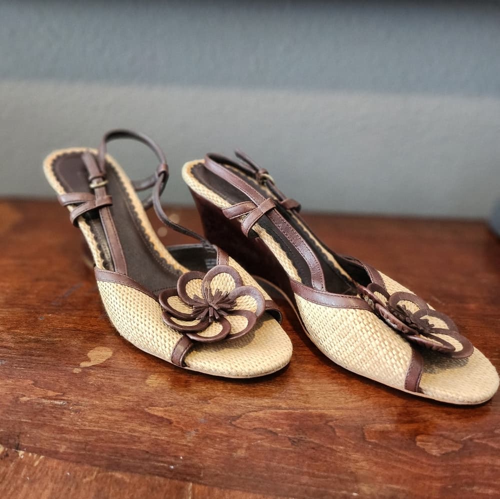 Franco Sarto Brown and Tan Leather and Canvas Slingback Floral Wedge Heels