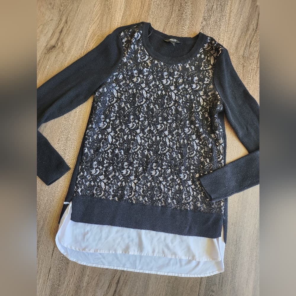 Simply Vera Vera Wang Black Lace Look Black and white Long Sleeve Sweater - Thumbnail 9