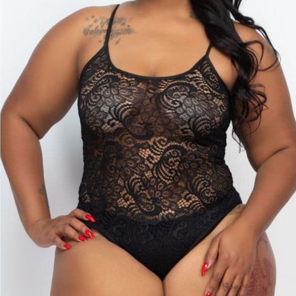 Plus Size Sexy Black Sheer Floral Lace Body Suit Criss Cross Back - Thumbnail 5
