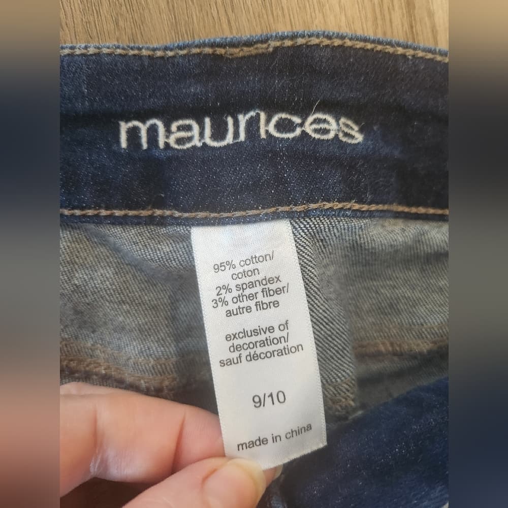 Maurices Dark Blue Distressed Stretchy Jeans With Whiskering And Red Plaid - Thumbnail 3