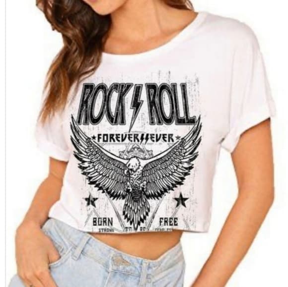White Oversized Cropped Rock + Roll Graphic Tee Born Free - Thumbnail 2