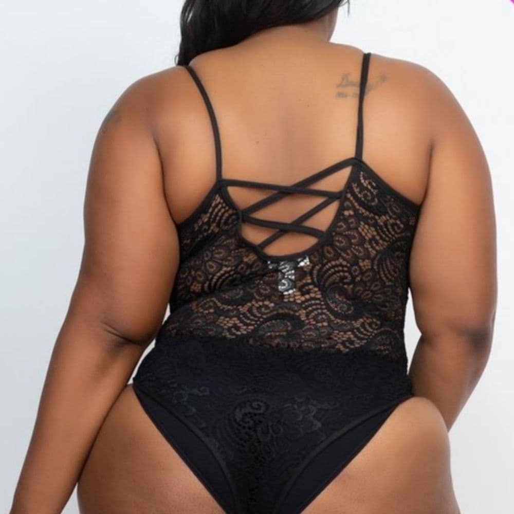 Plus Size Sexy Black Sheer Floral Lace Body Suit Criss Cross Back - Thumbnail 3
