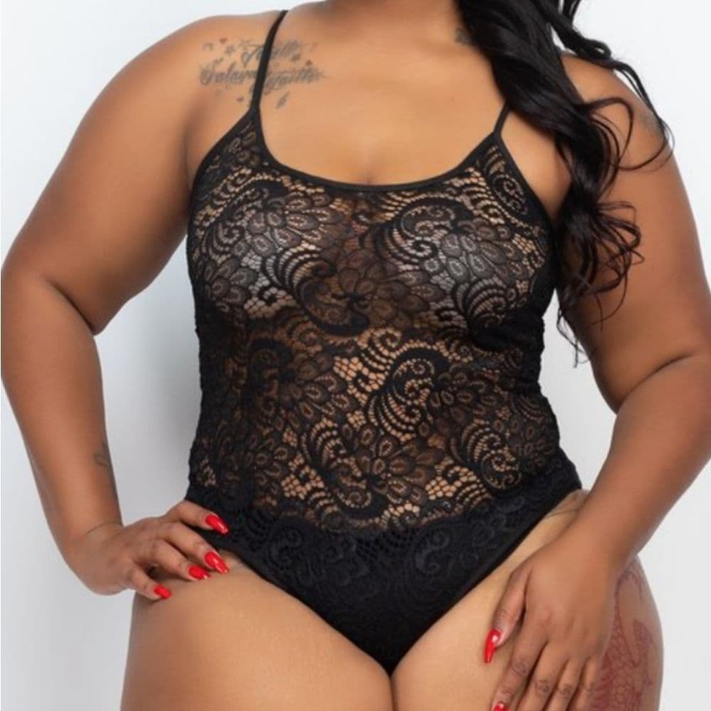 Plus Size Sexy Black Sheer Floral Lace Body Suit Criss Cross Back - Thumbnail 4