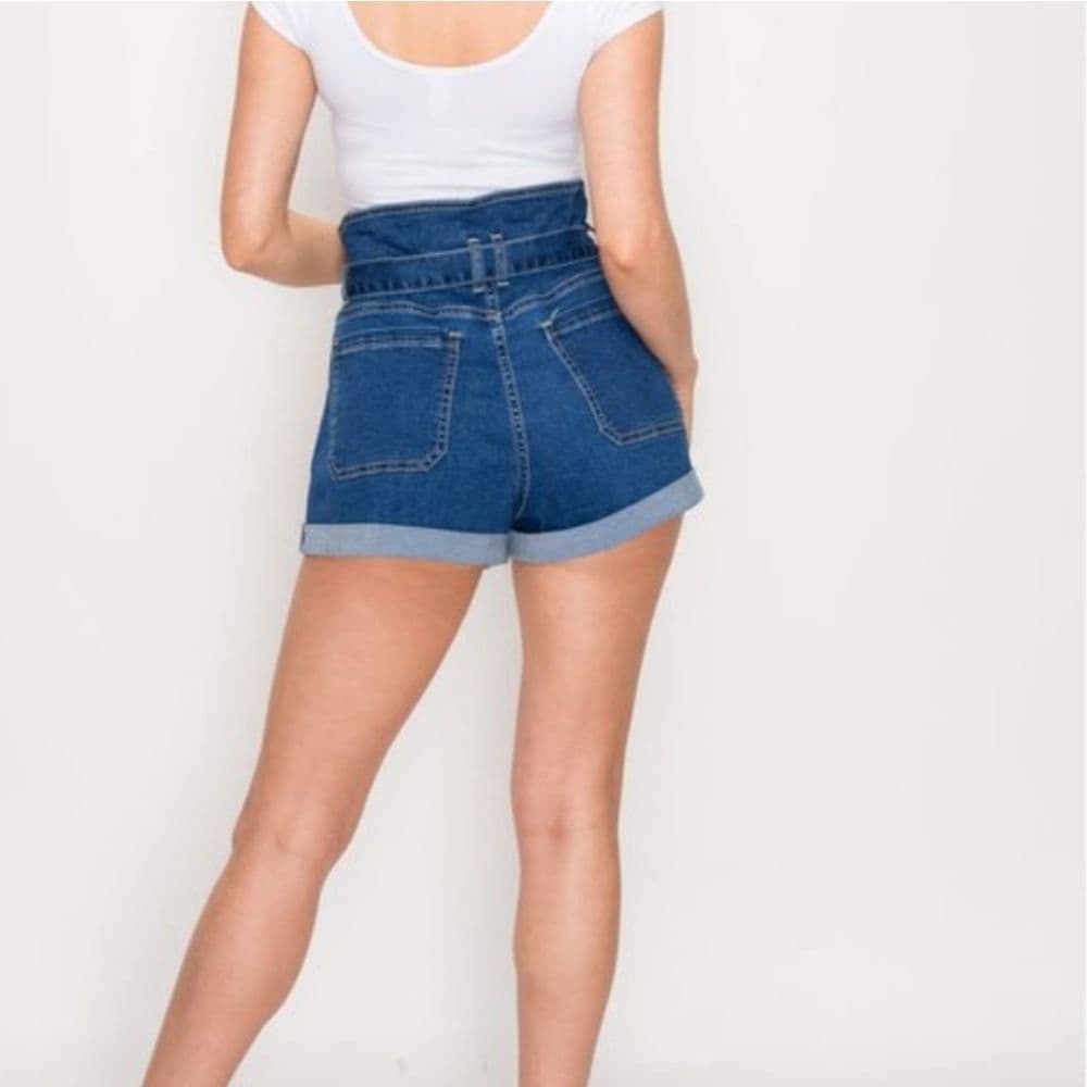 Plus Size Medium Wash Denim High Waist Button Fly Paper Bag Shorts with … - Thumbnail 2