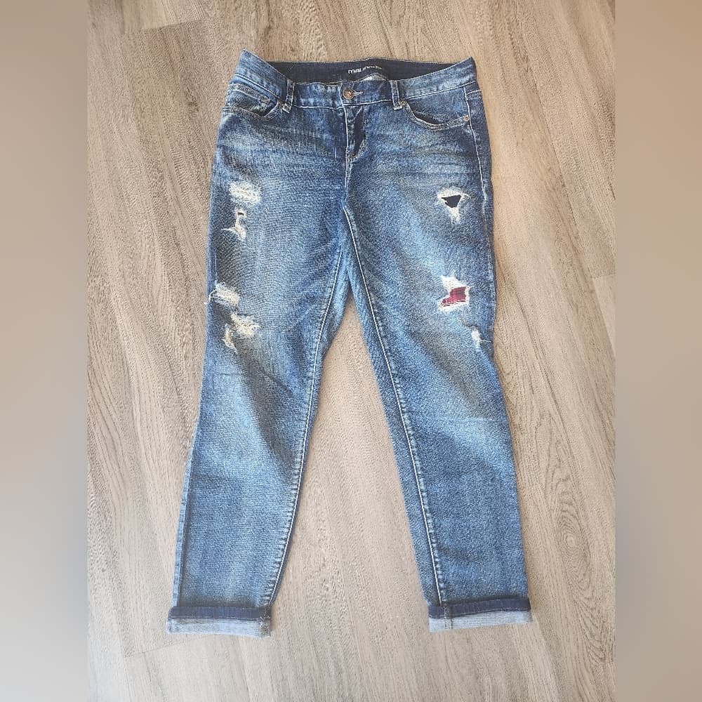 Maurices Dark Blue Distressed Stretchy Jeans With Whiskering And Red Plaid - Thumbnail 9