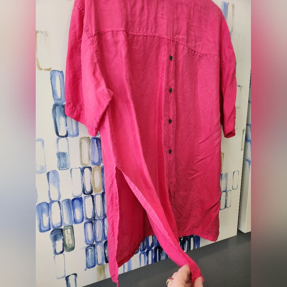 Vintage Pink 100% Silk Button Up cute Slit Side Back Button Sophisticates Top - Thumbnail 6