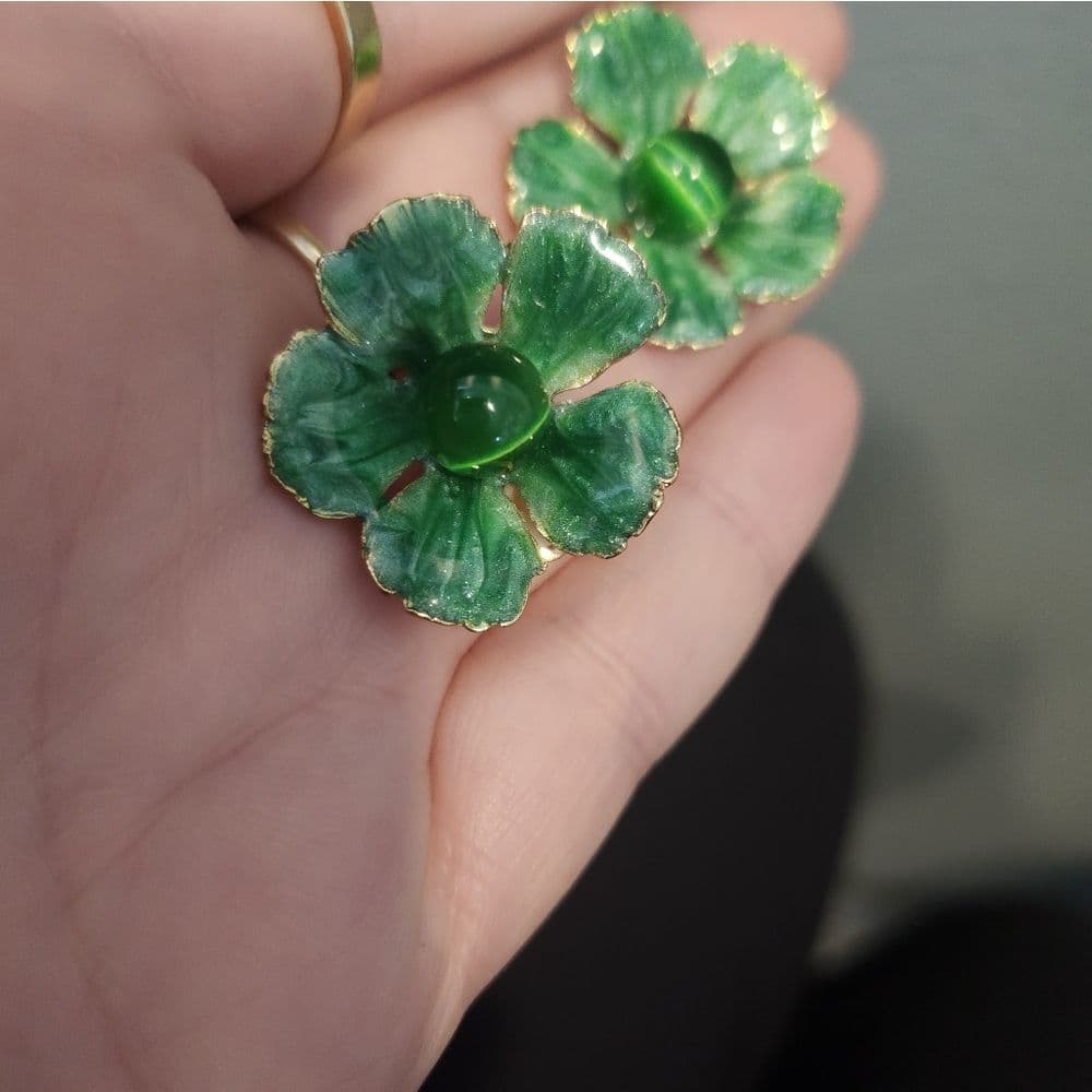 Vintage Gold Tone Green Enamel Flower Glass Cats Eye Round Bead Center - Thumbnail 4