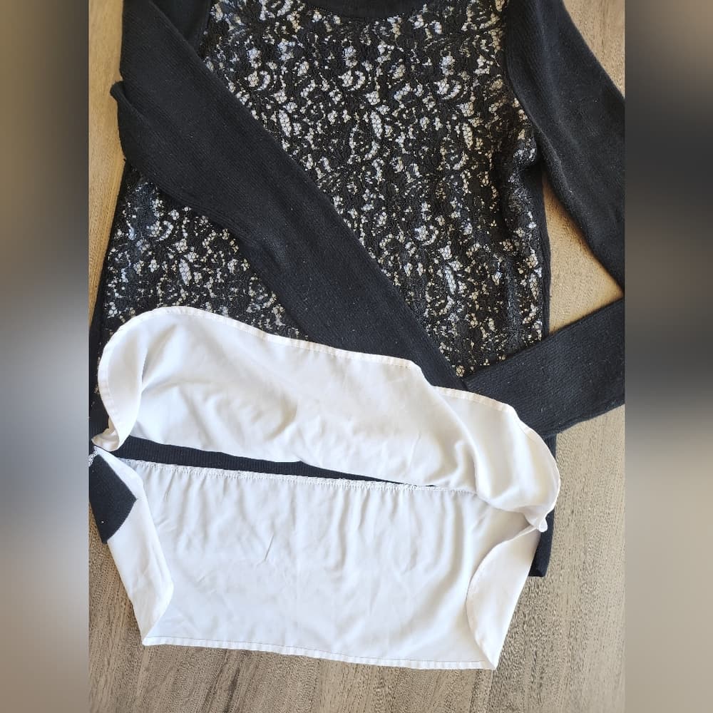 Simply Vera Vera Wang Black Lace Look Black and white Long Sleeve Sweater - Thumbnail 5
