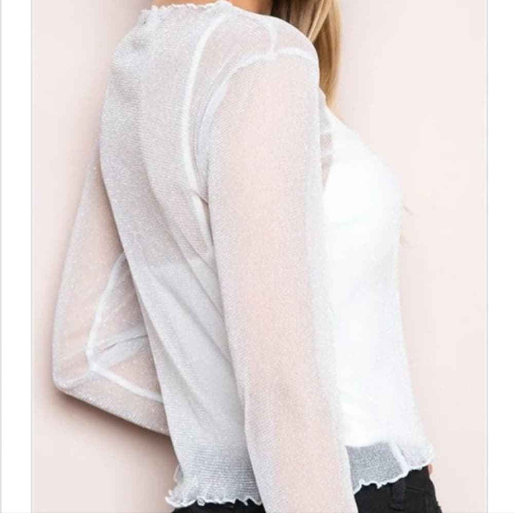 Sheer White Sexy Sparkle Shimmer Long Sleeve Over Top - Thumbnail 5
