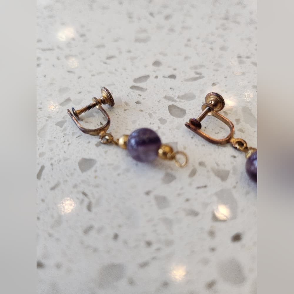 Vintage Amethyst Drop Screw Back Gold Tone Wire Beaded Earrings - Thumbnail 3