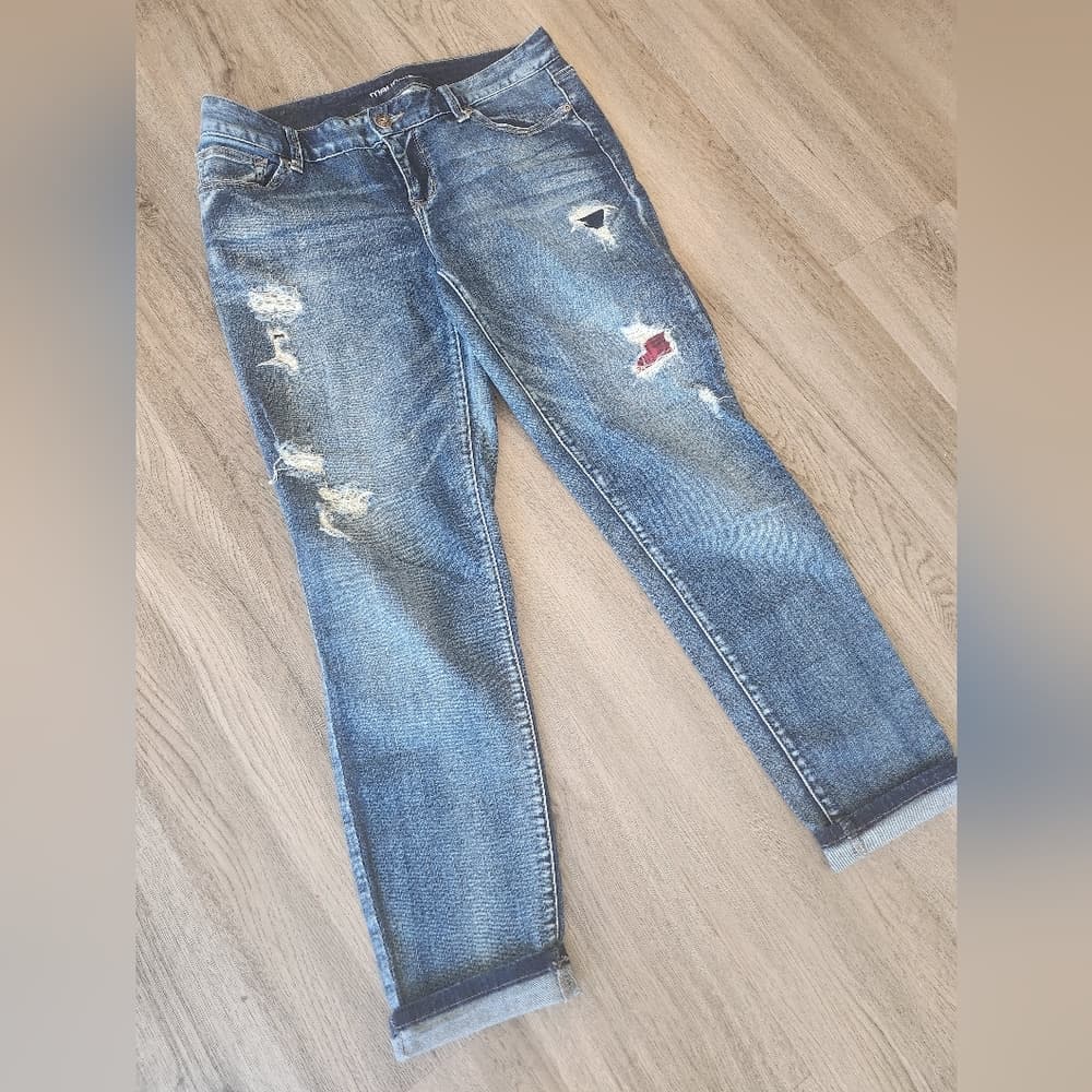 Maurices Dark Blue Distressed Stretchy Jeans With Whiskering And Red Plaid