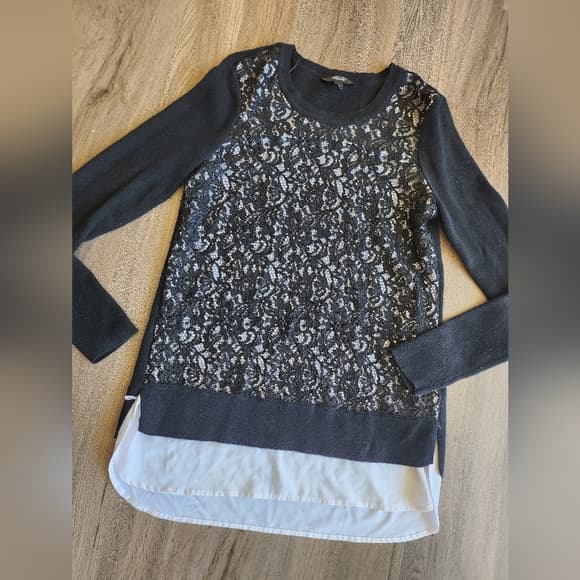 Simply Vera Vera Wang Black Lace Look Black and white Long Sleeve Sweater - Thumbnail 10