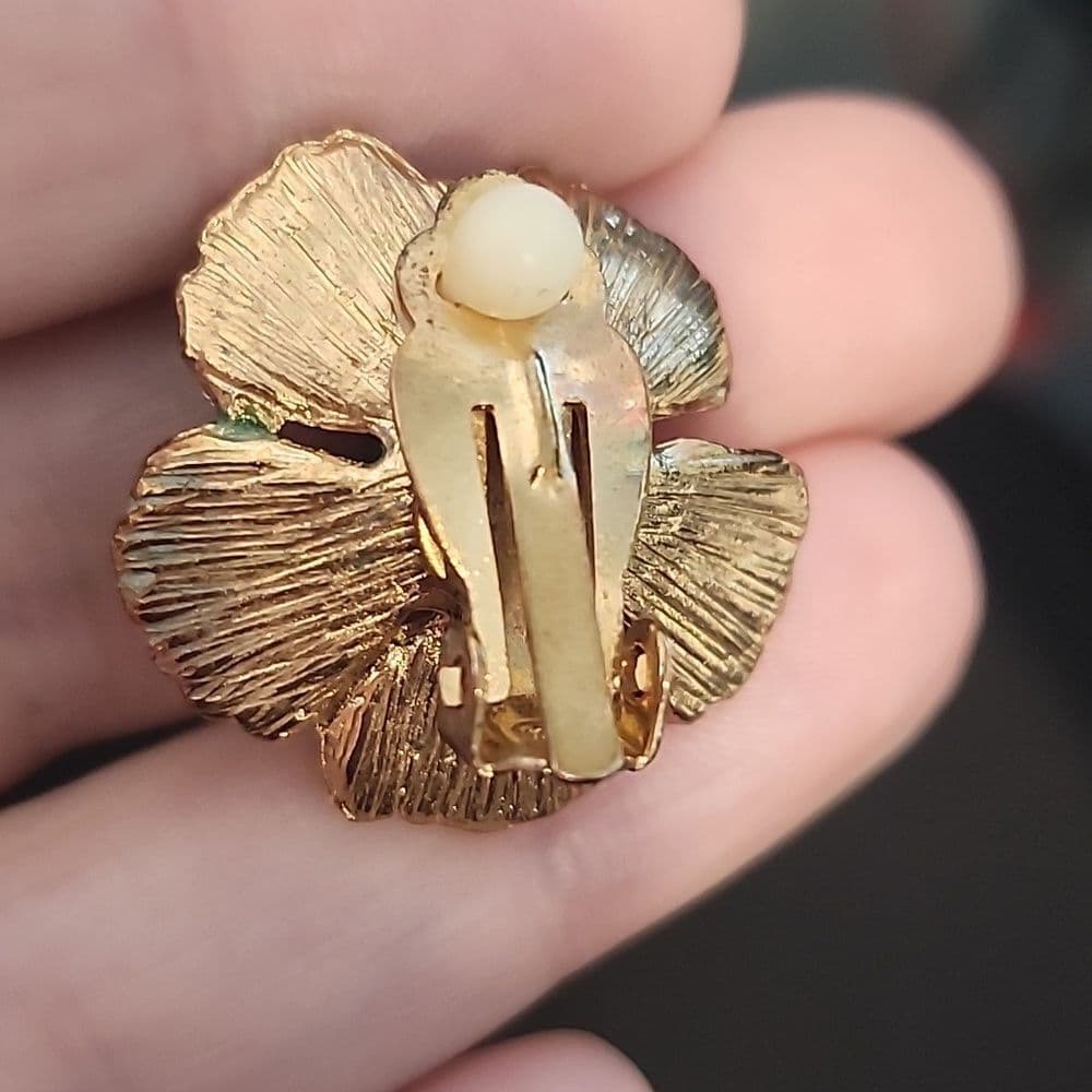 Vintage Gold Tone Green Enamel Flower Glass Cats Eye Round Bead Center - Thumbnail 5