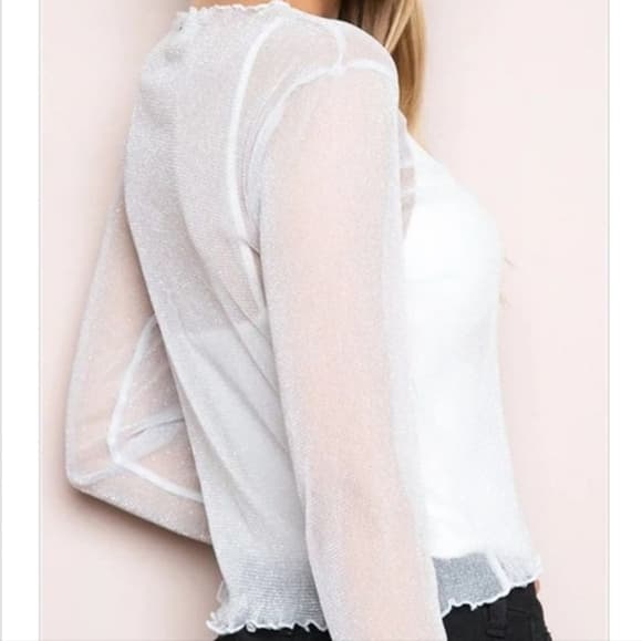 Sheer White Sexy Sparkle Shimmer Long Sleeve Over Top - Thumbnail 6