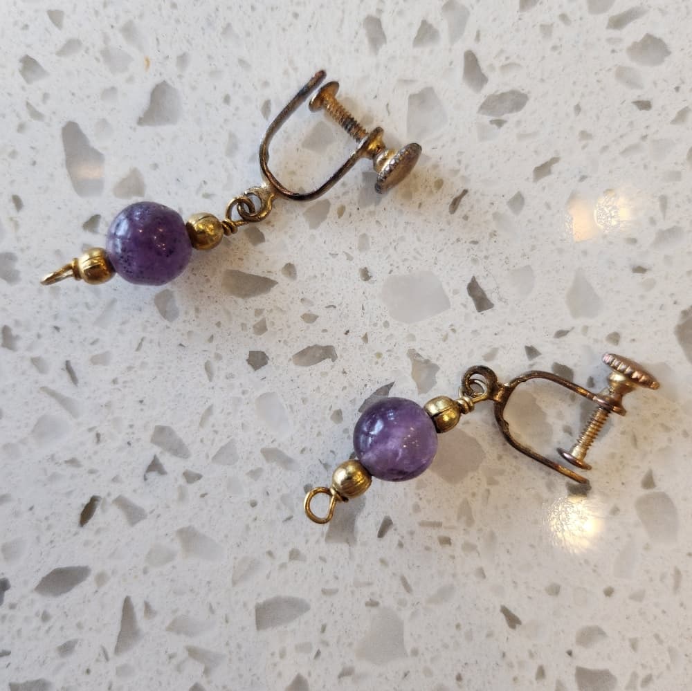 Vintage Amethyst Drop Screw Back Gold Tone Wire Beaded Earrings - Thumbnail 6