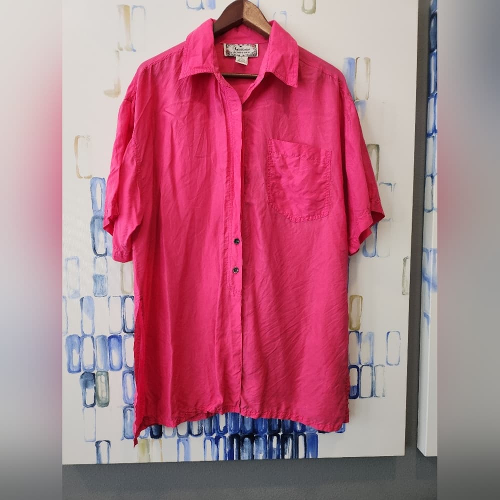 Vintage Pink 100% Silk Button Up cute Slit Side Back Button Sophisticates Top - Thumbnail 12