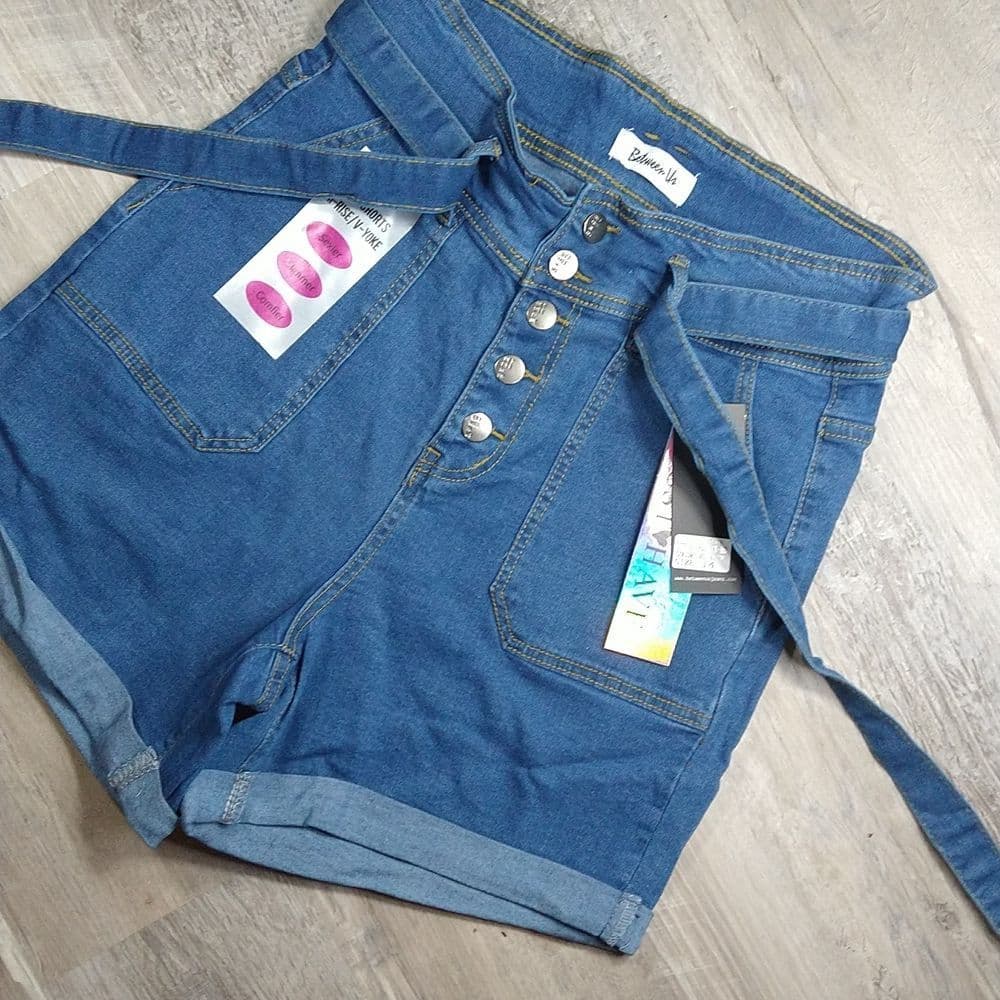 Plus Size Medium Wash Denim High Waist Button Fly Paper Bag Shorts with … - Thumbnail 10