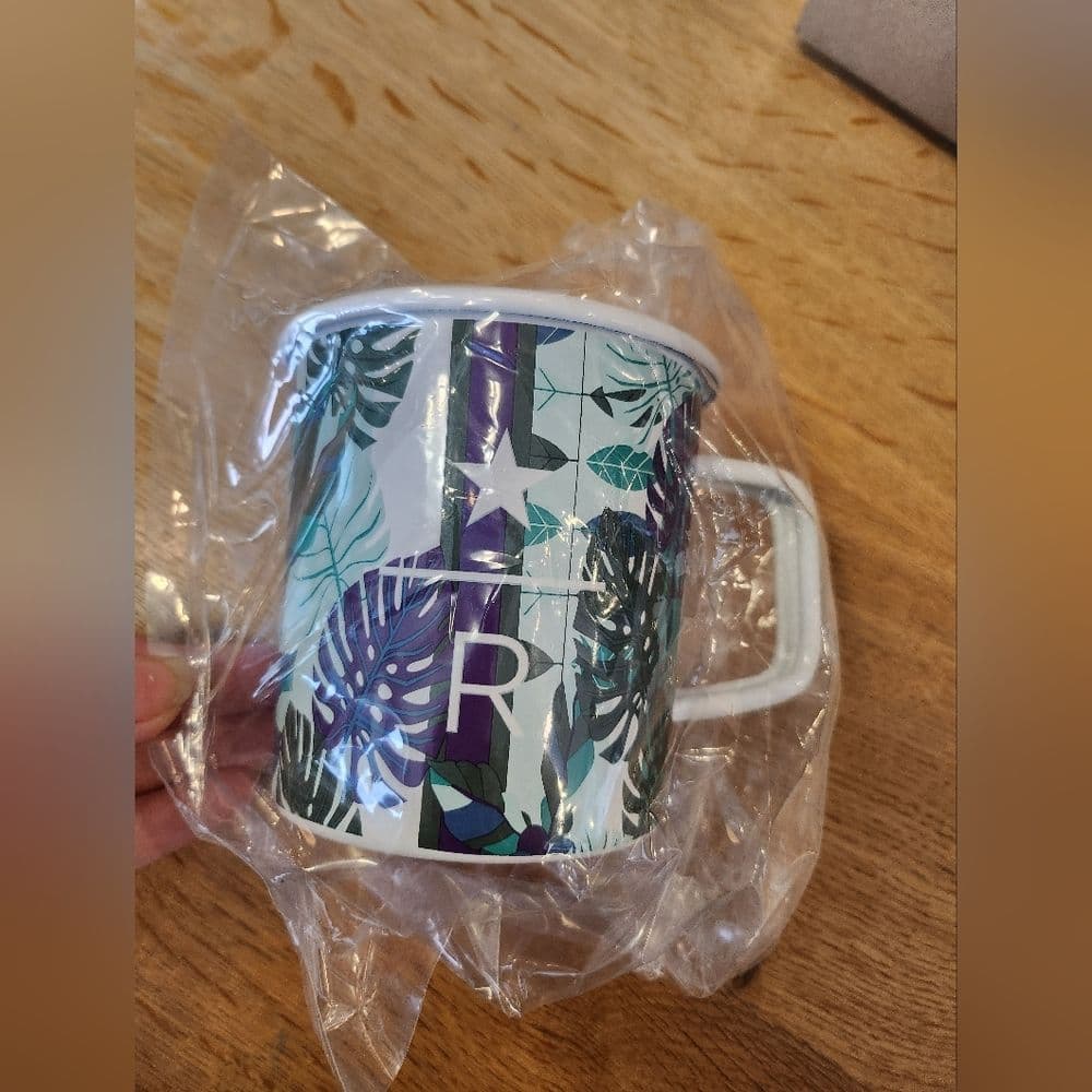 NIP Metal Starbucks Coffee Cup Mug Palm Print Star 14 oz Green White - Thumbnail 5