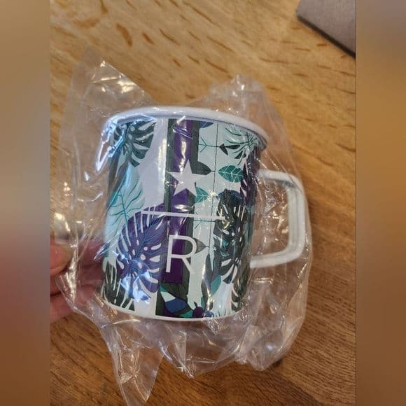 NIP Metal Starbucks Coffee Cup Mug Palm Print Star 14 oz Green White - Thumbnail 6