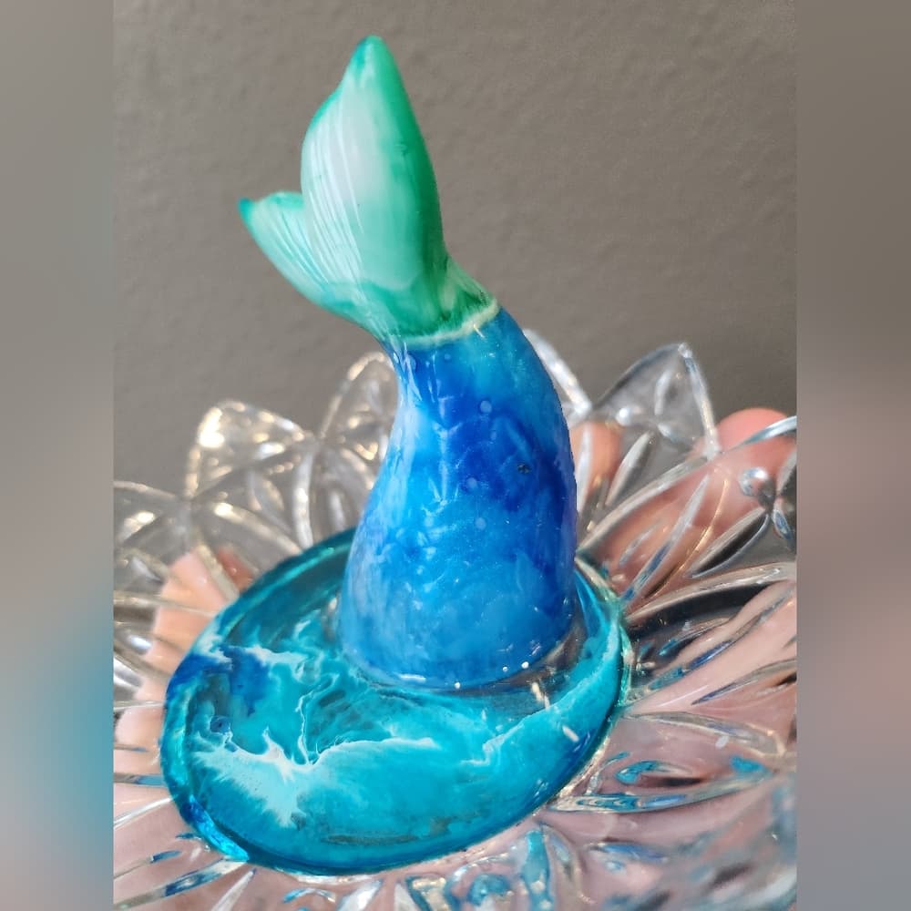 Upcycled Vintage Glass Dish with Resin Mermaid Tail Ocean Theme - Thumbnail 3