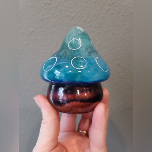 Handmade Resin Mushroom Teal and White with Red Metallic Stem - Thumbnail 5