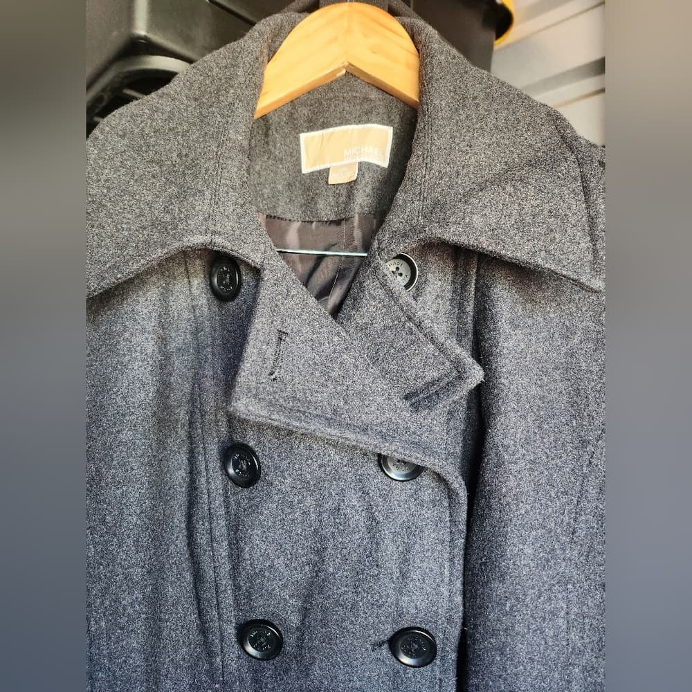 Micheal Micheal Kors Dark Heather Gray Wool Blend Pea Coat - Thumbnail 4