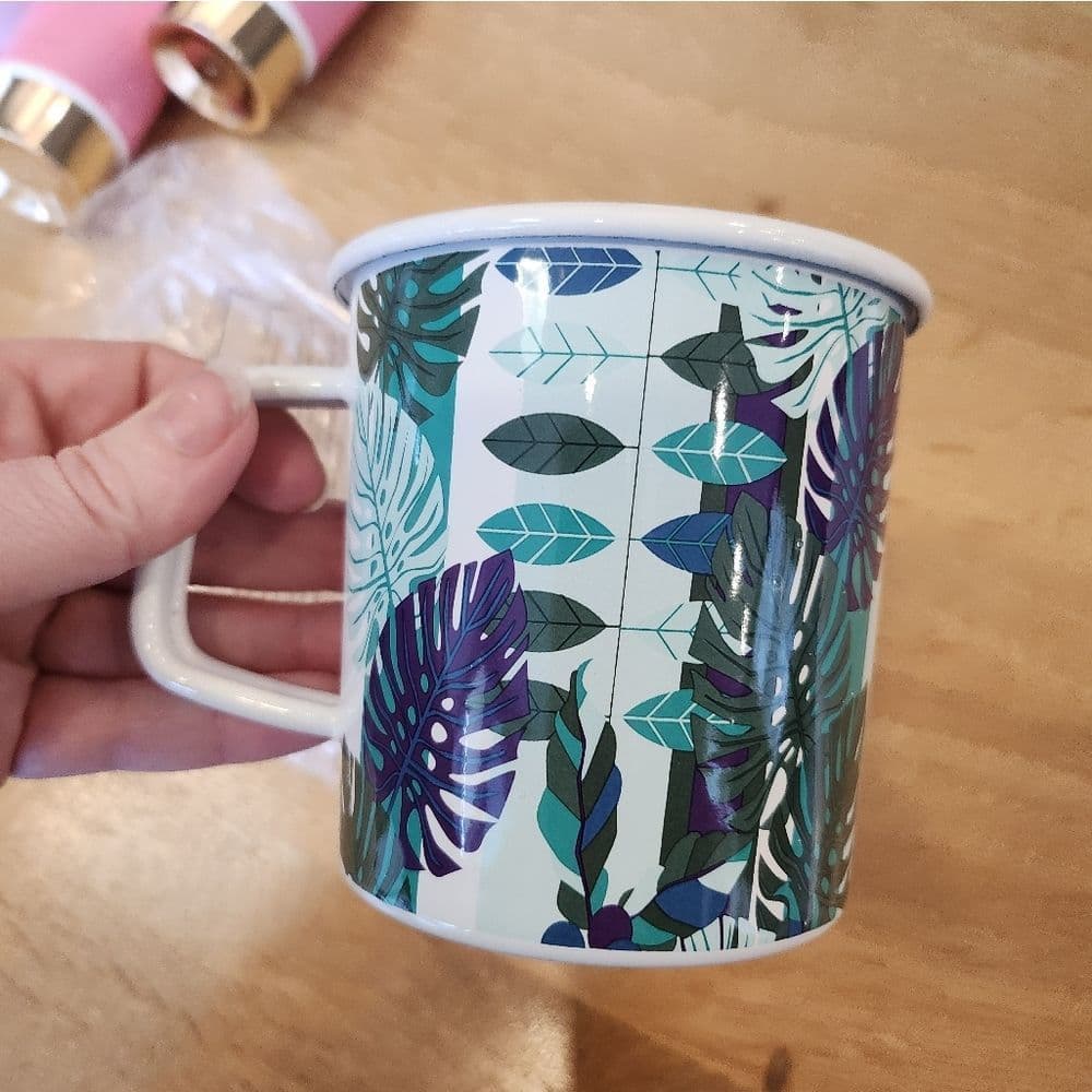 NIP Metal Starbucks Coffee Cup Mug Palm Print Star 14 oz Green White - Thumbnail 3