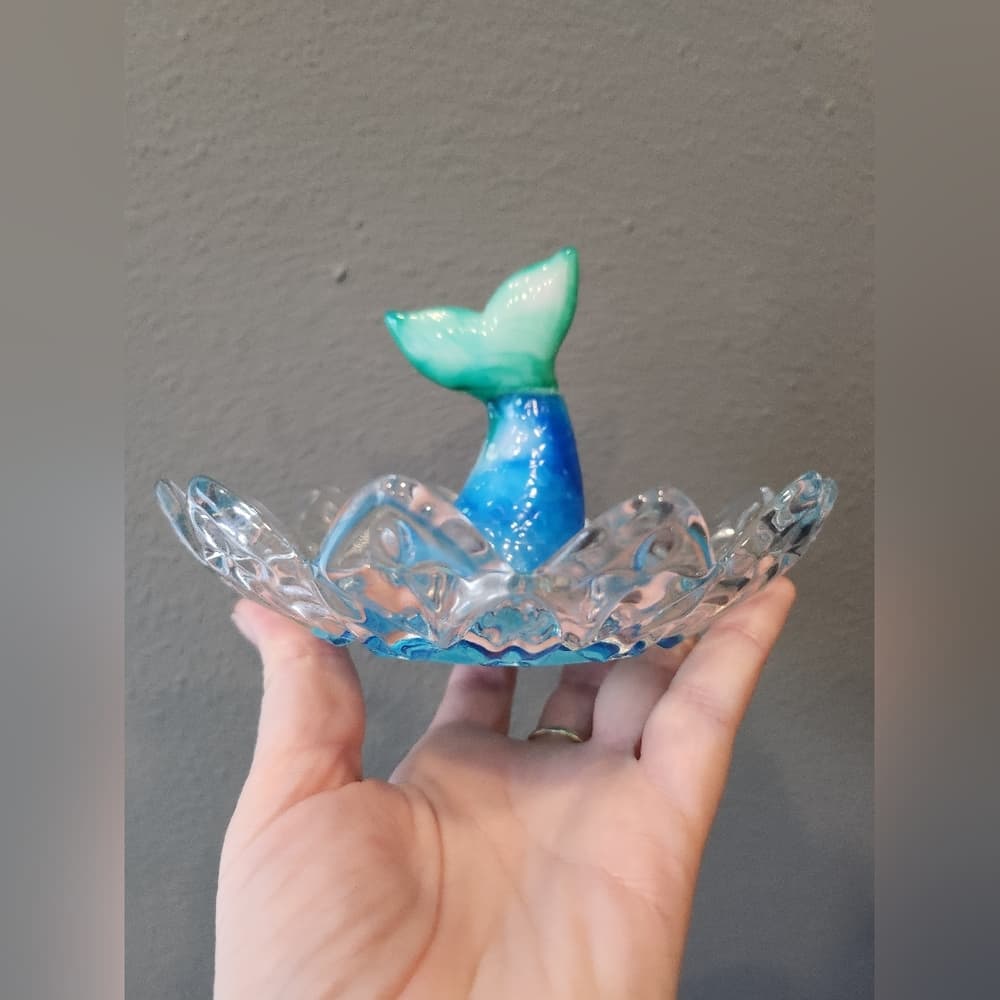 Upcycled Vintage Glass Dish with Resin Mermaid Tail Ocean Theme - Thumbnail 4