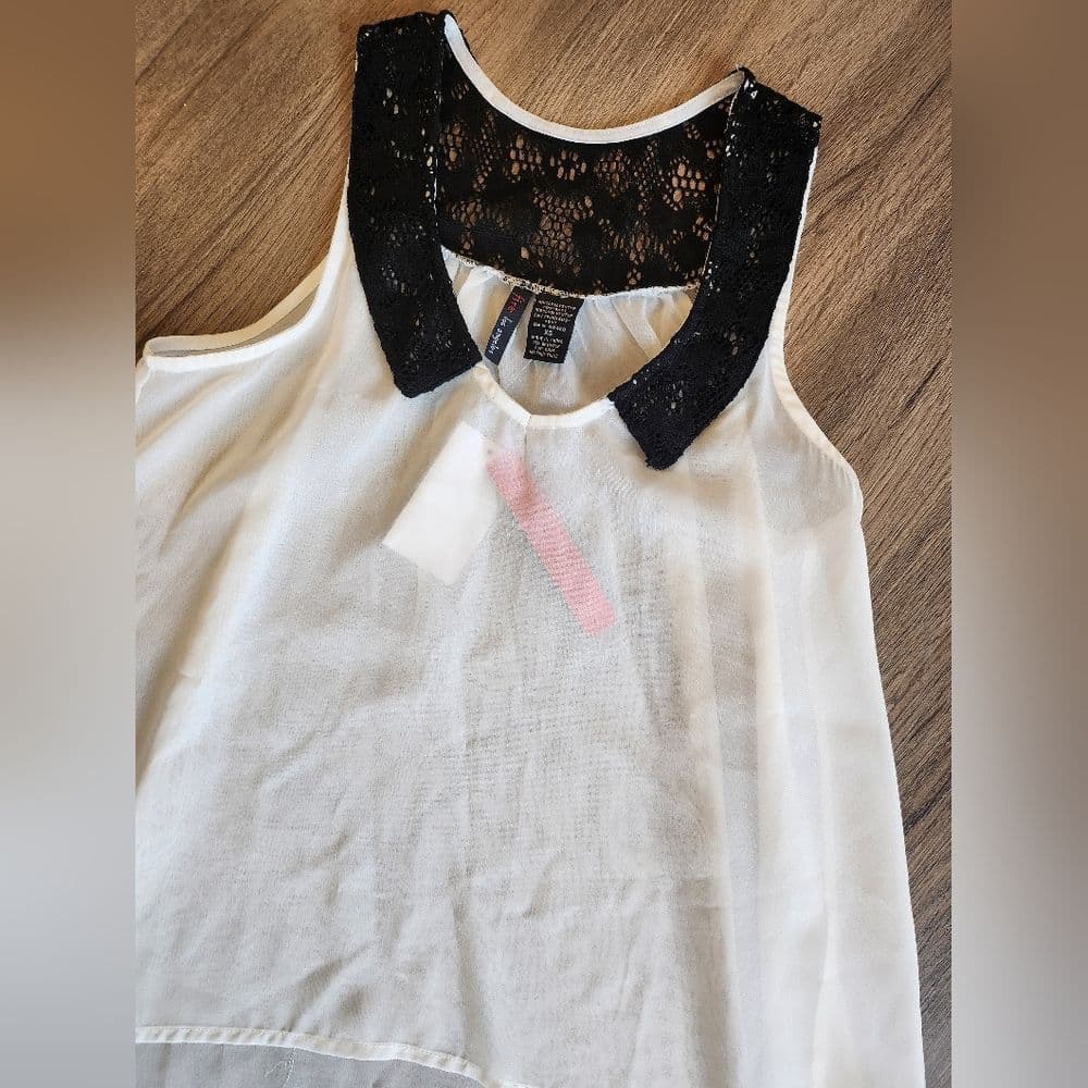Fire Los Angeles White Sheer Lace Black Collar High Low Sleeveless Blouse - Thumbnail 5
