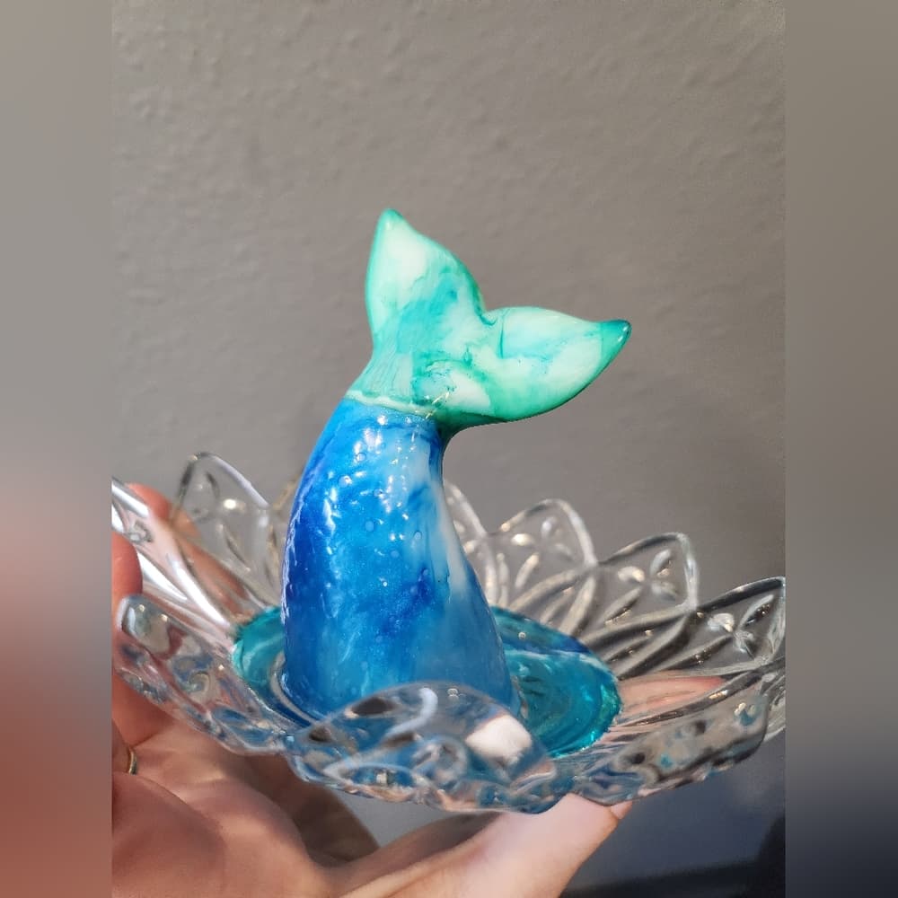 Upcycled Vintage Glass Dish with Resin Mermaid Tail Ocean Theme - Thumbnail 2