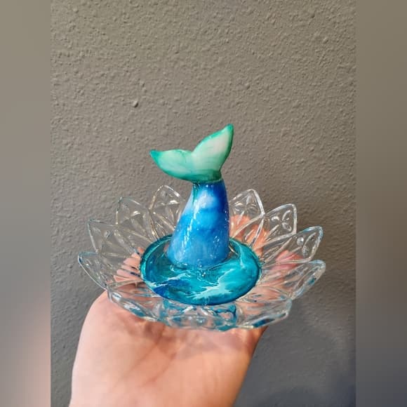 Upcycled Vintage Glass Dish with Resin Mermaid Tail Ocean Theme - Thumbnail 9
