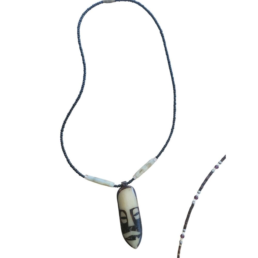 Unique hand painted bone face pendant tribal style vintage necklace