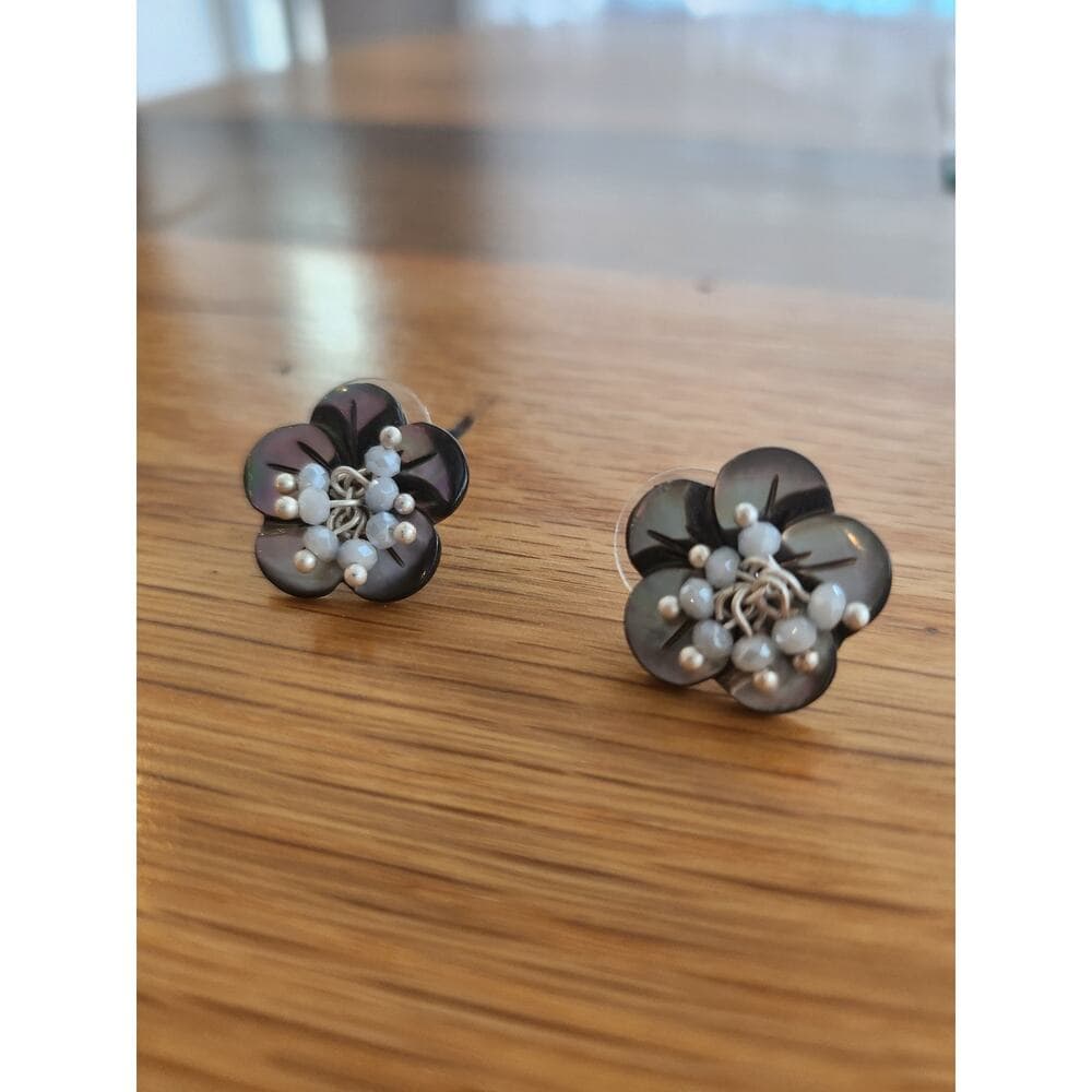 Abalone shell flower post back earrings with beaded dangle center