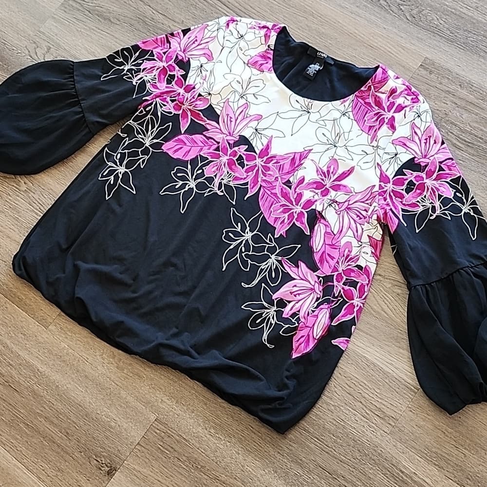 Alfani Petite Floral Long Sleeve Blouse with Elastic Baloon Sleeve