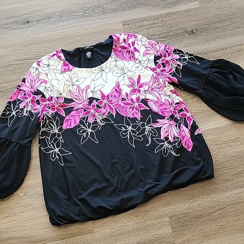 Alfani Petite Floral Long Sleeve Blouse with Elastic Baloon Sleeve - Thumbnail 9