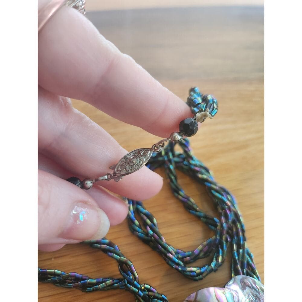 Vintage necklace peacock shell statement pendant twisted beaded strands - Thumbnail 6